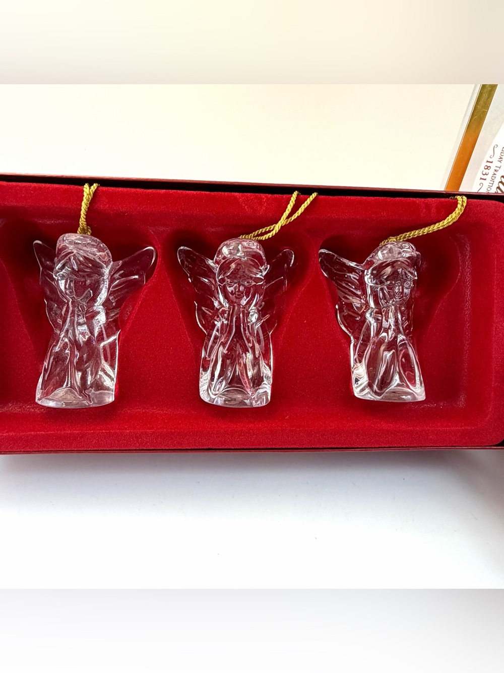 Set of 3 Gorham Crystal Glass Christmas Winged Angel Ornaments Gold Tassels